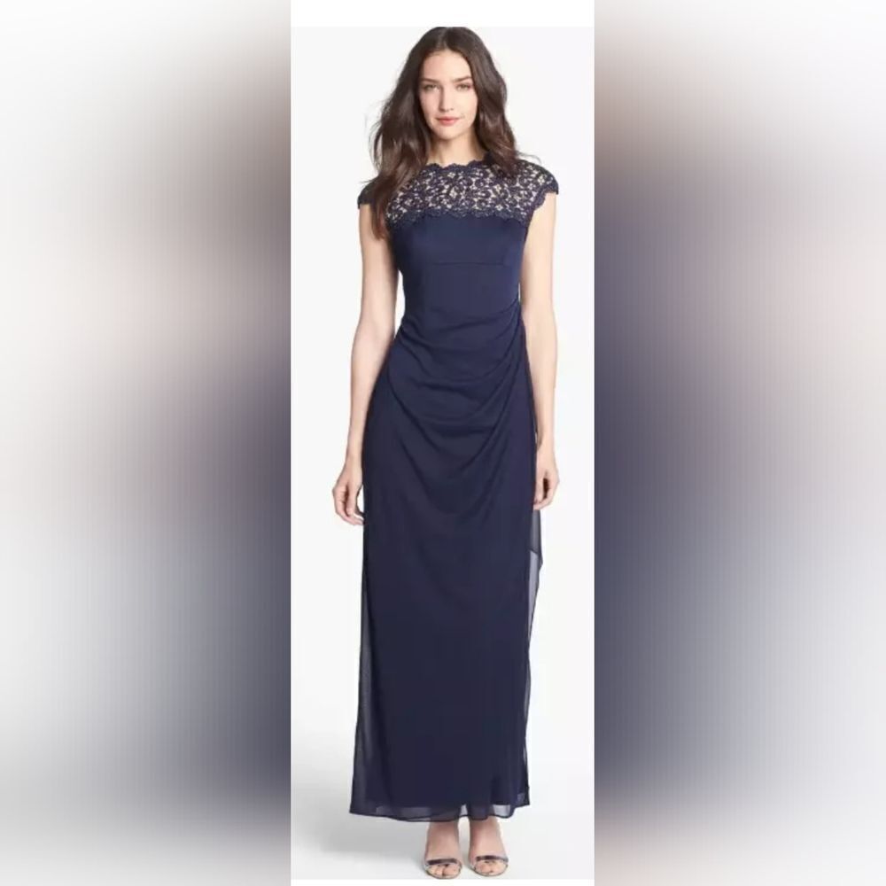 Alex Evenings Lace Ruffle Column Gown NWT size 10 Navy Blue